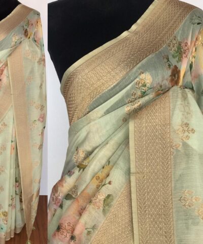 Sea Green Linen Silk Saree with Beautiful Prints along with Antique Zari Border
