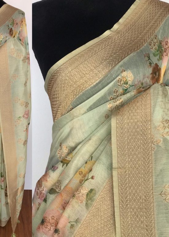 Sea Green Linen Silk Saree with Beautiful Prints along with Antique Zari Border