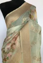 Sea Green Linen Silk Saree with Beautiful Prints along with Antique Zari Border - Image 4