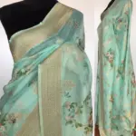 Turquoise Linen Silk Saree with Beautiful Prints along with Antique Zari Border - Image 2