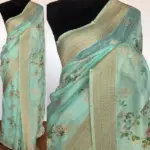 Turquoise Linen Silk Saree with Beautiful Prints along with Antique Zari Border