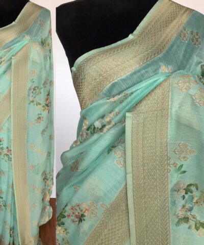 Turquoise Linen Silk Saree with Beautiful Prints along with Antique Zari Border