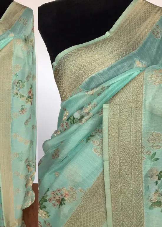 Turquoise Linen Silk Saree with Beautiful Prints along with Antique Zari Border