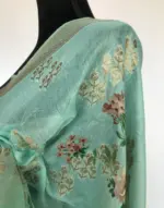 Turquoise Linen Silk Saree with Beautiful Prints along with Antique Zari Border - Image 6