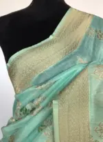 Turquoise Linen Silk Saree with Beautiful Prints along with Antique Zari Border - Image 5