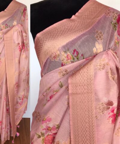 Baby Pink Linen Silk Saree with Beautiful Prints along with Antique Zari Border