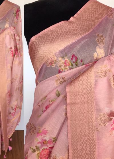 Baby Pink Linen Silk Saree with Beautiful Prints along with Antique Zari Border
