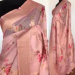 Baby Pink Linen Silk Saree with Beautiful Prints along with Antique Zari Border - Image 2