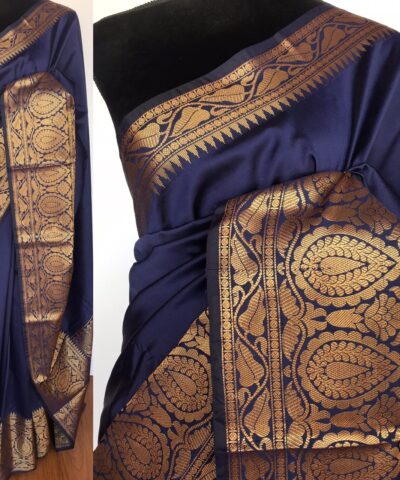 Navy Blue Banarasi Silk Saree with gold zari buttas all over
