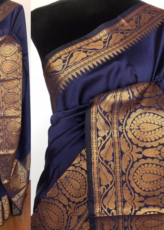 Navy Blue Banarasi Silk Saree with gold zari buttas all over
