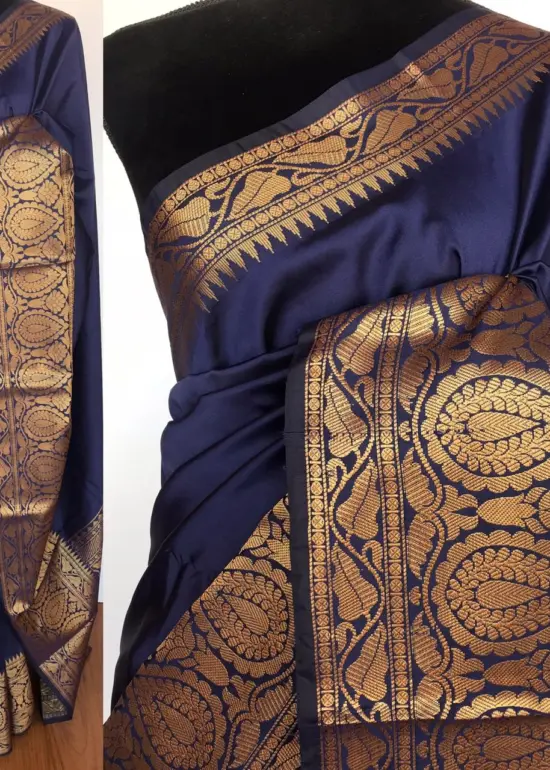 Navy Blue Banarasi Silk Saree with gold zari buttas all over