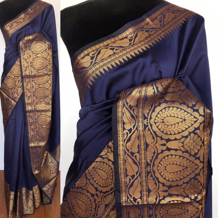 Navy Blue Banarasi Silk Saree with gold zari buttas all over