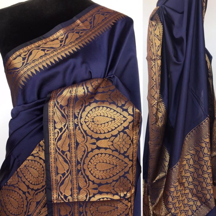 Navy Blue Banarasi Silk Saree with gold zari buttas all over