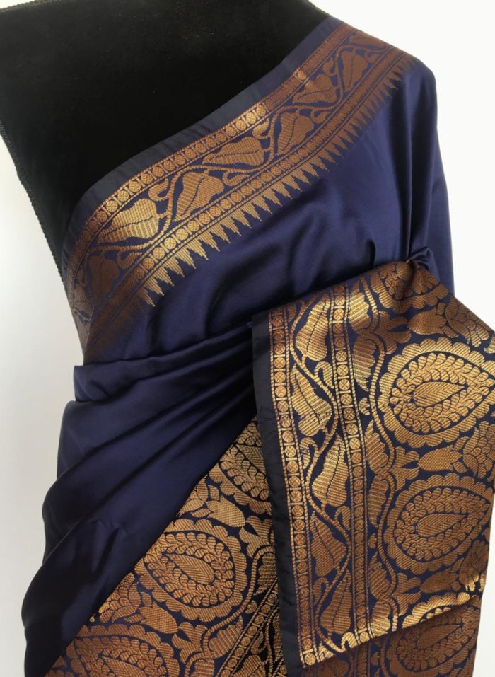 Navy Blue Banarasi Silk Saree with gold zari buttas all over