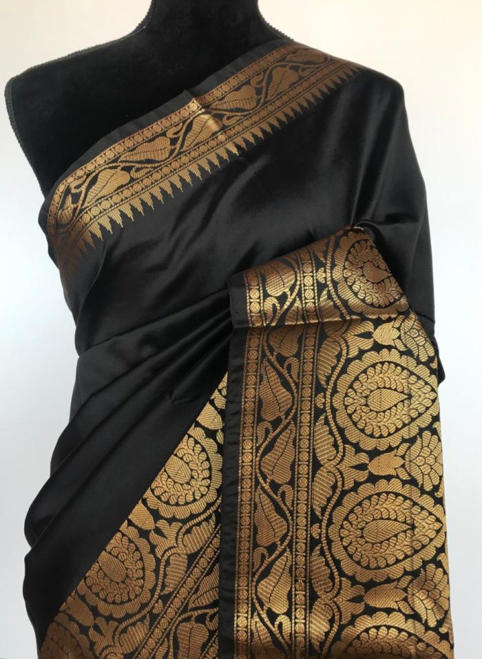 Black Banarasi Silk Saree with gold zari buttas all over