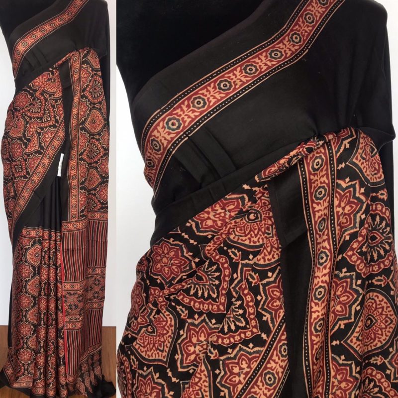 Black Modal Silk Saree with Ajrakh Hand Block Prints