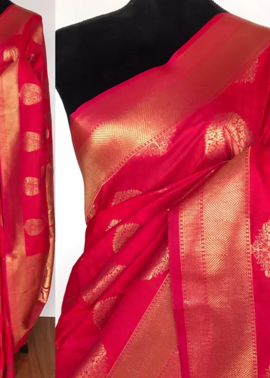 Ruby Pink Banarasi Silk Saree with Gold Zari Weaves