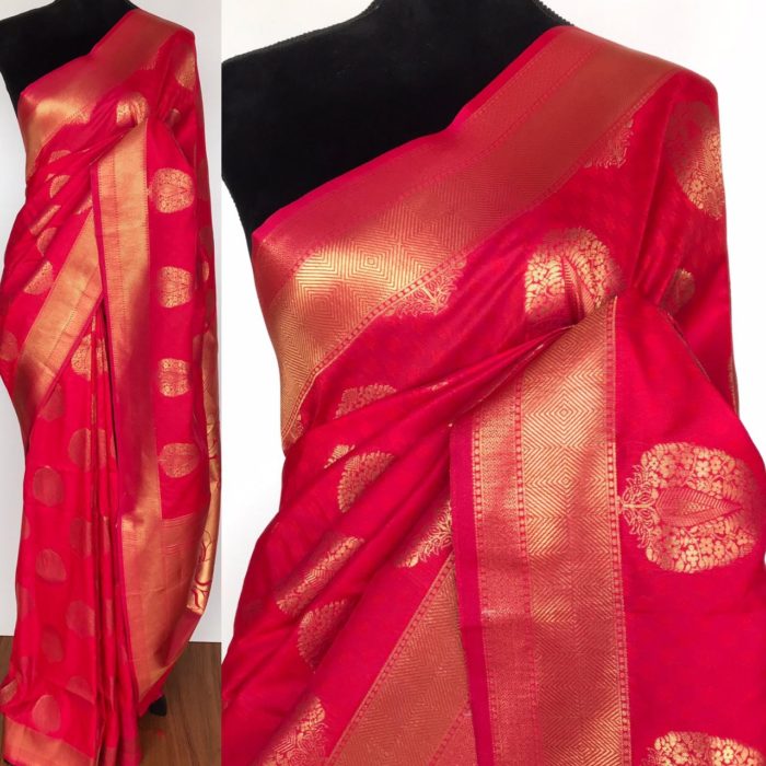 Ruby Pink Banarasi Silk Saree with Gold Zari Weaves