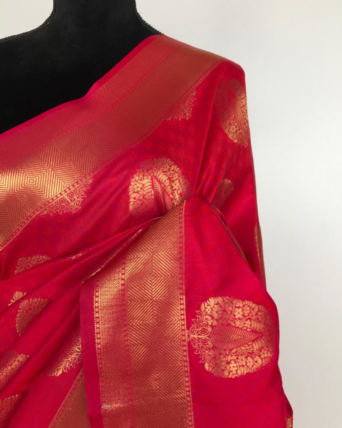 Ruby Pink Banarasi Silk Saree with Gold Zari Weaves