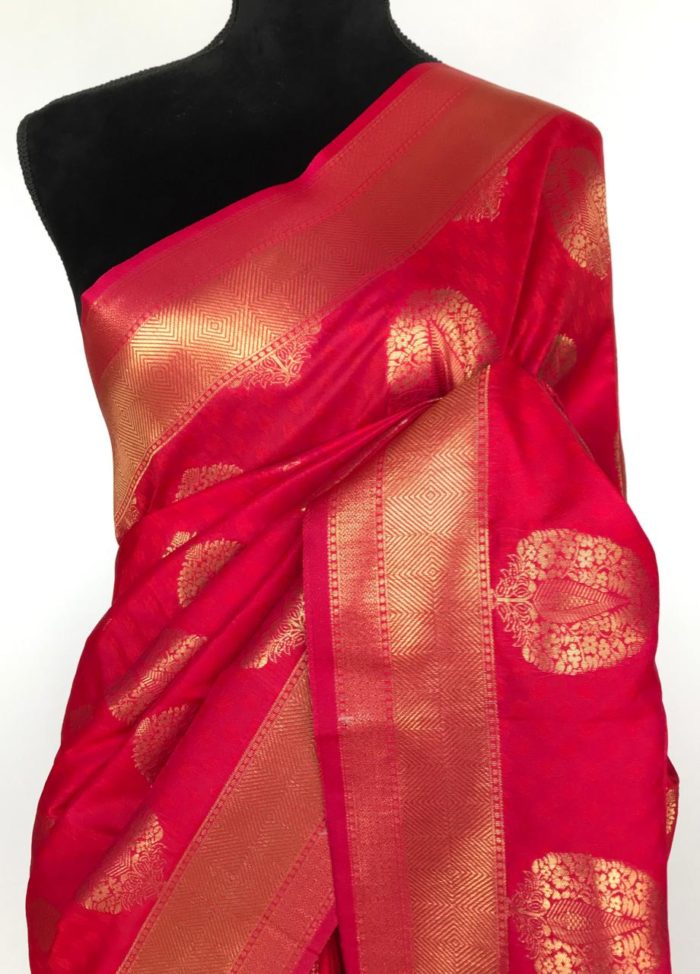 Ruby Pink Banarasi Silk Saree with Gold Zari Weaves