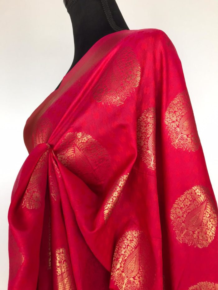 Ruby Pink Banarasi Silk Saree with Gold Zari Weaves