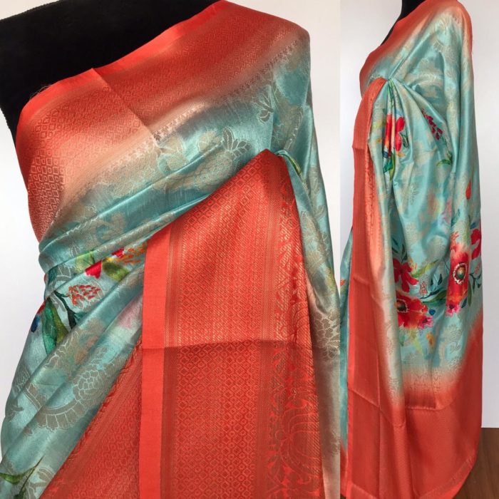 Blue Cotton Silk Saree with Printed Florals and dark orange border
