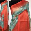 Blue Cotton Silk Saree with Printed Florals and dark orange border