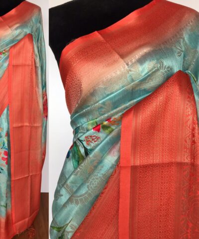 Blue Cotton Silk Saree with Printed Florals and dark orange border