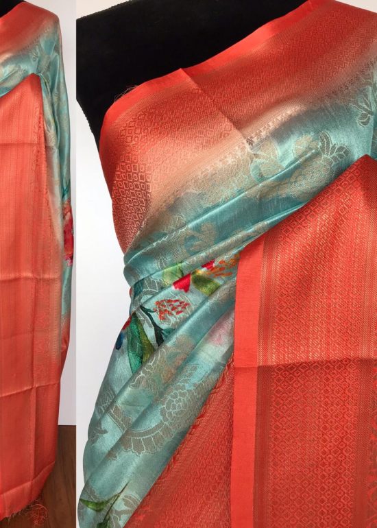 Blue Cotton Silk Saree with Printed Florals and dark orange border