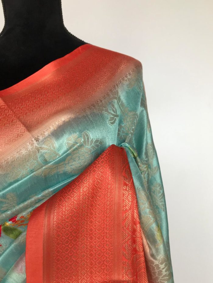 Blue Cotton Silk Saree with Printed Florals and dark orange border