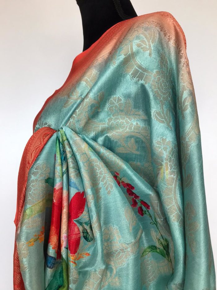 Blue Cotton Silk Saree with Printed Florals and dark orange border