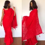 Red Georgette Saree with Lucknowi Thread Work - Image 2