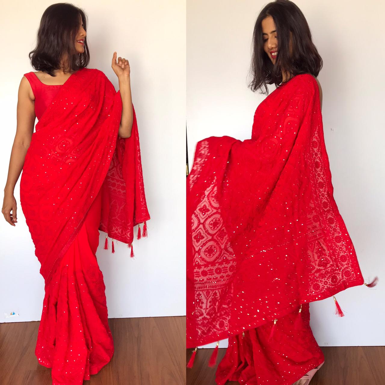 Red Saree In Organza With Shining Stone And Flower Embroidery with  Embroidery Border Design Online  gnp0108810