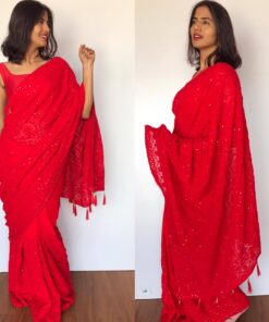 Red Georgette Saree with Lucknowi Thread Work