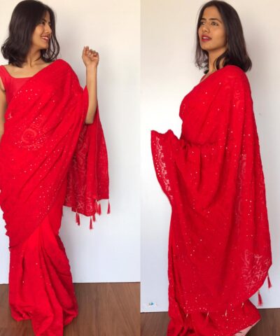 Red Georgette Saree with Lucknowi Thread Work