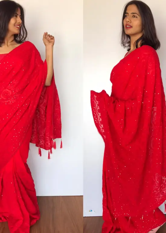 Red Georgette Saree with Lucknowi Thread Work