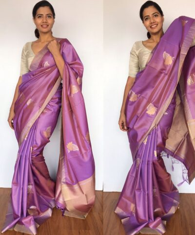 Lilac Banarasi Silk Saree with Gold and Silver Zari Weaves