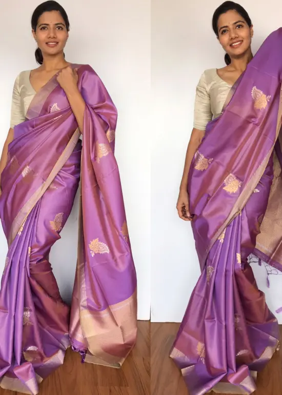 Lilac Banarasi Silk Saree with Gold and Silver Zari Weaves