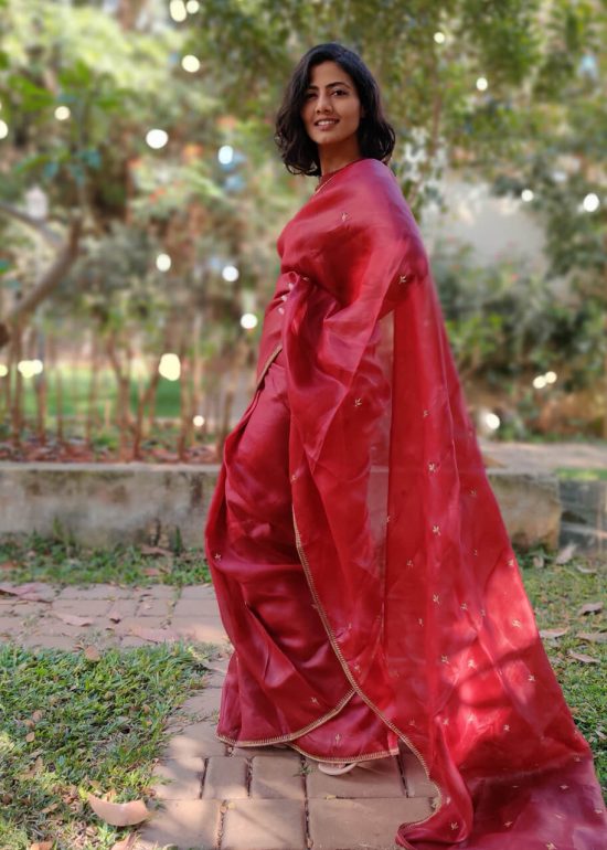 Maroon Organza Saree with Intricate Zardozi Embroidery