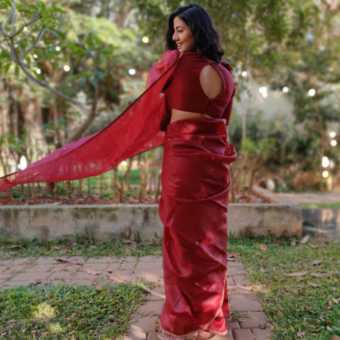 Maroon Organza Saree with Intricate Zardozi Embroidery