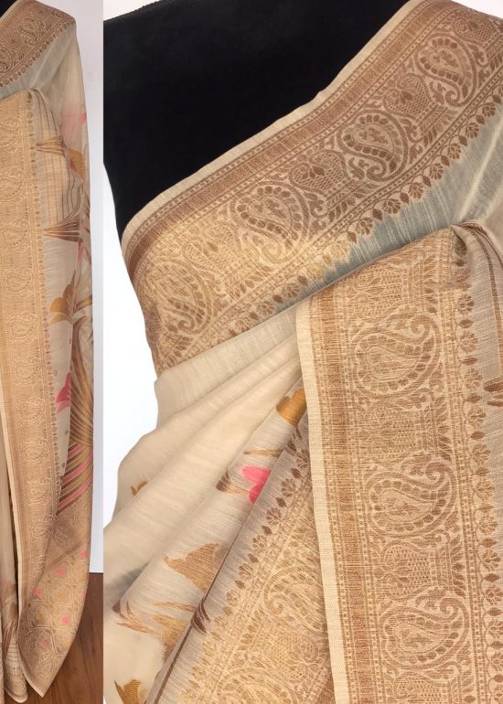 Cream Cotton Silk Saree with Antique Gold Zari Weaves