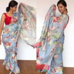Ice Blue Handwoven Pure Linen Saree with Floral Prints - Image 2