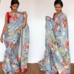 Ice Blue Handwoven Pure Linen Saree with Floral Prints