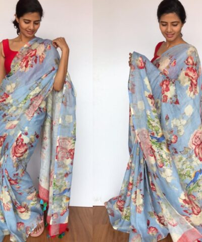 Ice Blue Handwoven Pure Linen Saree with Floral Prints
