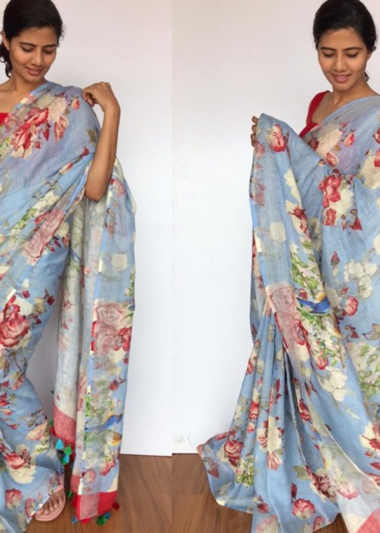 Ice Blue Handwoven Pure Linen Saree with Floral Prints