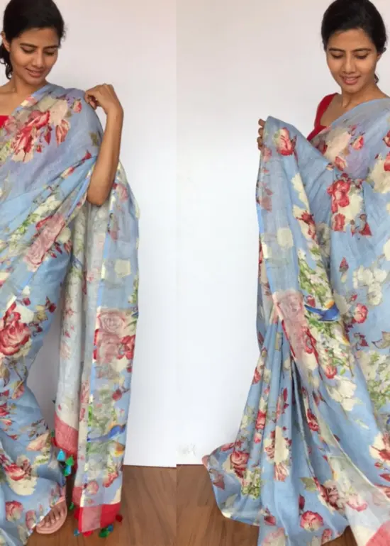 Ice Blue Handwoven Pure Linen Saree with Floral Prints