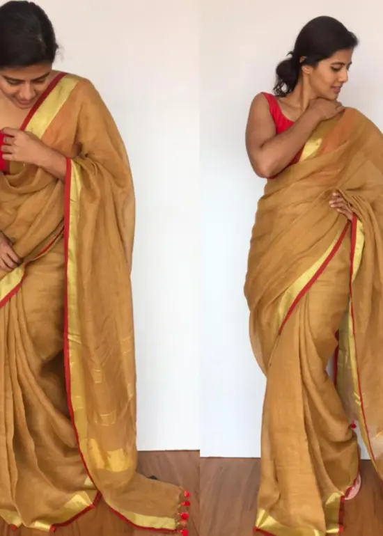Pure Chiku Brown Linen Saree