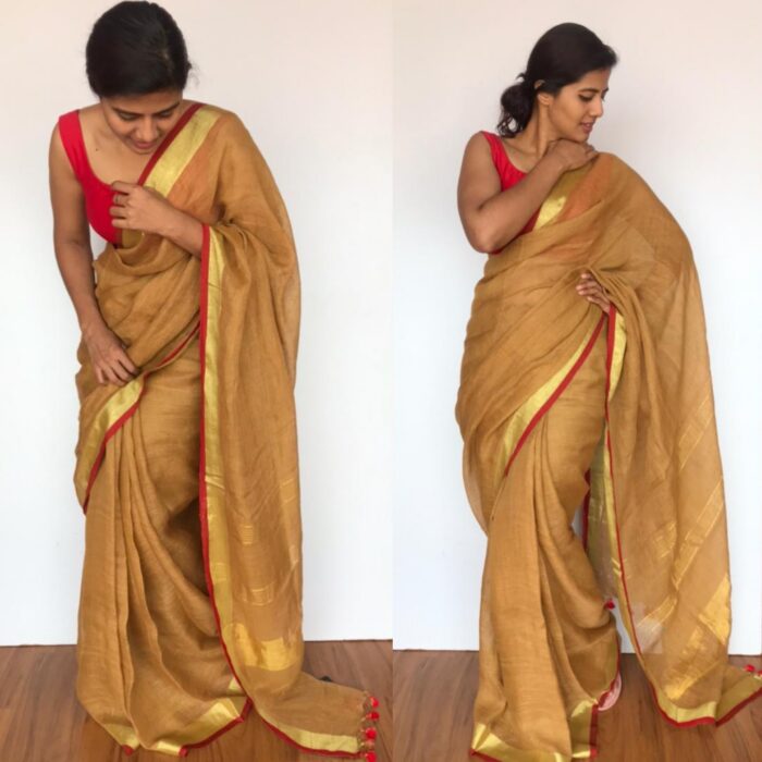 Pure Chiku Brown Linen Saree