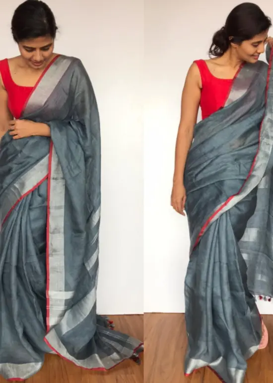 Handwoven Dark Grey Linen Saree