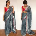 Dark Grey Handwoven Linen Saree - Image 2